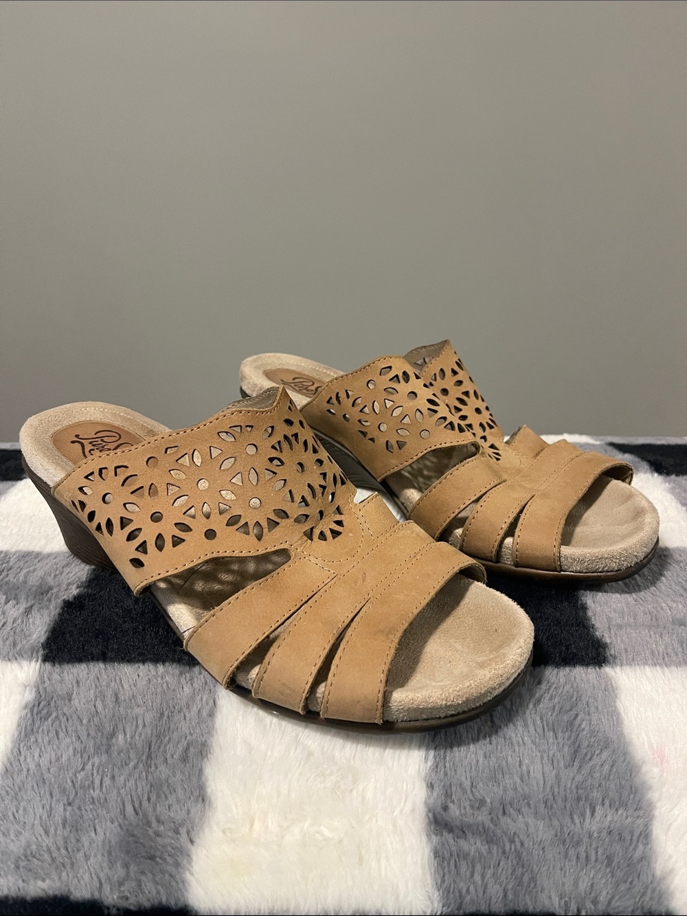 Rieker Tan Floral Laser-Cut Slide Mules